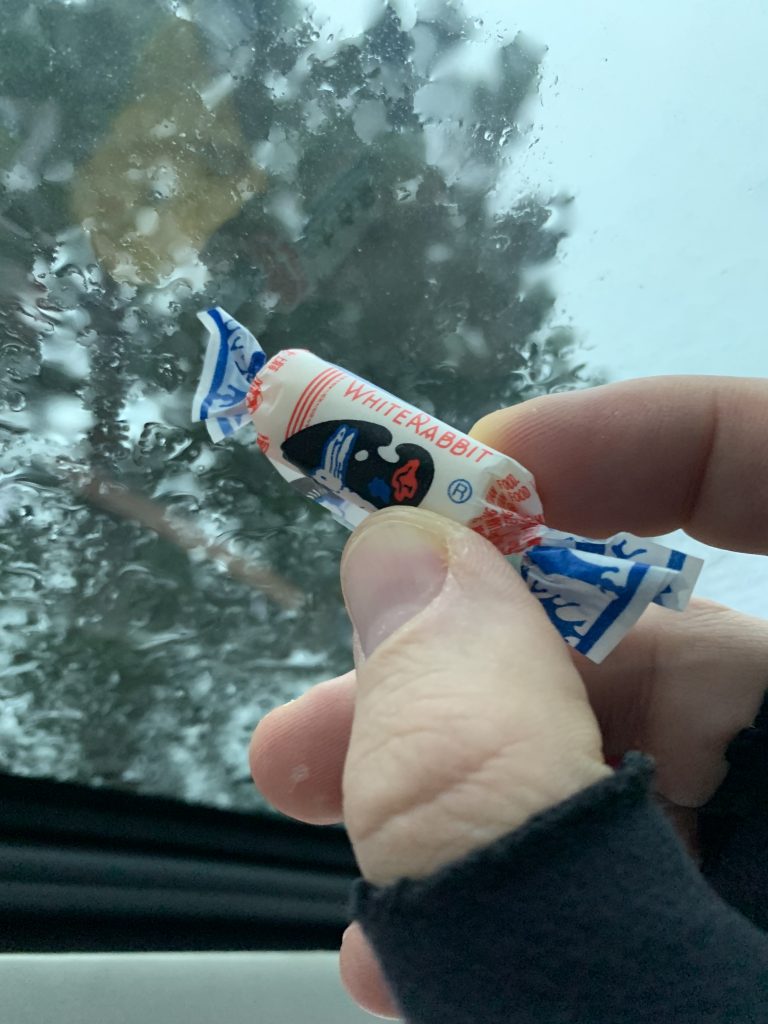 Holding a white rabbit candy in the air.